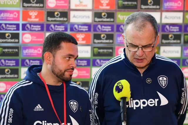 Translator Andres Clavijo and Marcelo Bielsa, Manager of Leeds United. (Photo by Alex Davidson/Getty Images)
