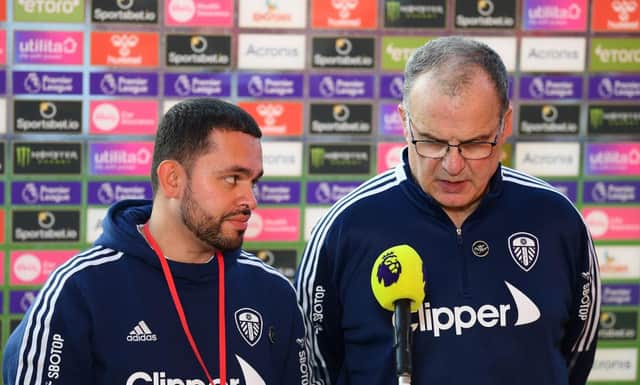 Translator Andres Clavijo and Marcelo Bielsa, Manager of Leeds United. (Photo by Alex Davidson/Getty Images)