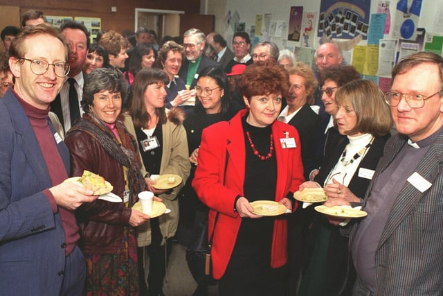 Rev Stephen Ibbotson (left) and guests at a community lunch in March 1996 at Moortown Baptist Church on King Lane.