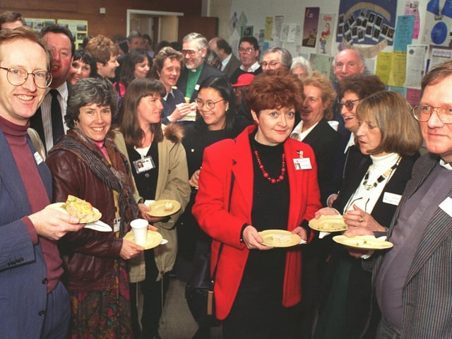 Rev Stephen Ibbotson (left) and guests at a community lunch in March 1996 at Moortown Baptist Church on King Lane.