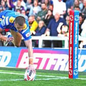 Ash Handley scores a spectacular try for Leeds Rhinos agianst Castleford Tigers at AMT Headingley. Picture by John Clifton/SWpix.com.