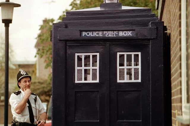 April 1998 and an amazed PC John Knowles is pictured looking at the latest edition to the Wetherby Police Station, a replica police box, already dubbed the 'Tardis'. The Police Box was to be used in the force campaign of crime prevention, and it's hoped will be a talking point around the town.