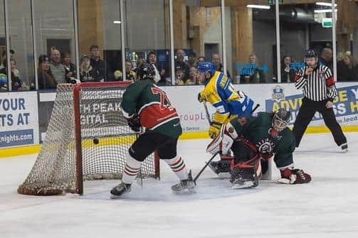 IN YOU GO: Leeds Knights Matt Haywood beats Basingstoke goalie Jordan Lawday for the first of his two goals. Picture courtesy of John Victor