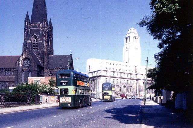 A view looking along Woodhouse Lane showing Emmanuel Church and then the Parkinson Building of the University in 1959. The foundation stone for the church was laid on October 28th 1876 and consecrated on September 15th 1880. It was built in memory of Leeds surgeon, William Hey, and solicitor, Thomas Dibb. Emmanuel Church is now the University Chaplaincy.