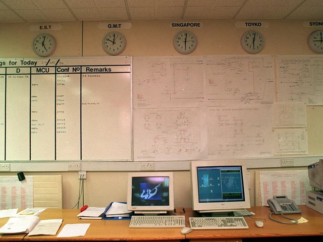 Part of the control room of the video conferencing department of BT Pontefract with clocks showing the time zones of the world in December 1996.