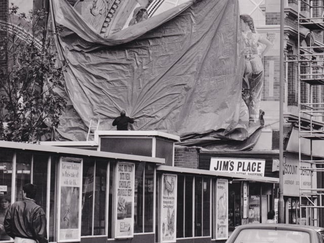 Vicar Lane was the talk of Leeds in October 1990 as a new landmark came into view below Jim's Place - Cornucopia by artist Graeme Wilson.