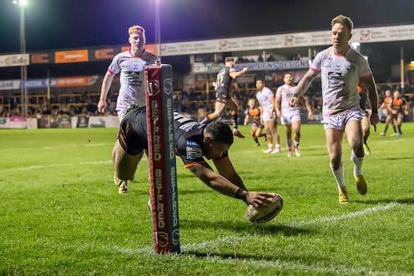 Tigers' Bureta Faraimo dives over to score against Leeds in March. Picture by Allan McKenzie/SWpix.com.