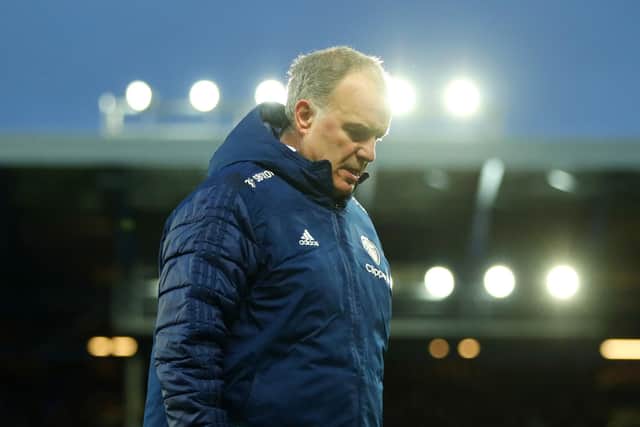 LIVERPOOL, ENGLAND - FEBRUARY 12: Marcelo Bielsa, Manager of Leeds United looks dejected following their side's defeat in the Premier League match between Everton and Leeds United at Goodison Park on February 12, 2022 in Liverpool, England. (Photo by Marc Atkins/Getty Images)