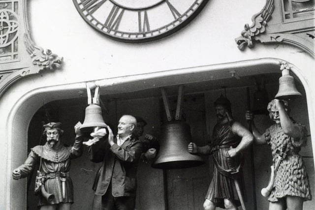 Famous figures of Leeds they may be but Charlie Farrar's family had been around to look after the Ivanhoe Clock in Thornton's Arcade for decades. Pictured in July 1976.