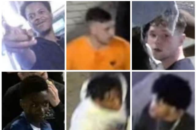 Police want to speak to these six men about a mass brawl on Briggate in the early hours of the morning. Photo: West Yorkshire Police
