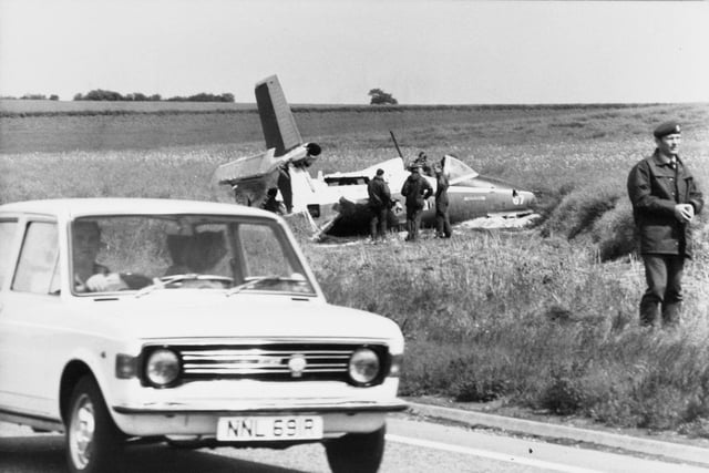 The RAF jet Provost which crashed four yards from the A1, near Baldersby roundabout at Ripon in June 1978. The pilot, Flt-Lt. J. A. Thomas of Wakefield, ejected and parachuted to safety.
