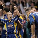 A delighted Rob Burrow celebrates Leeds Rhinos first Grand Final win, against Bradford Bulls at Old Trafford in October, 2004. Picture by Steve Riding.