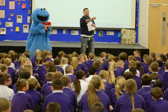 An assembly visit from the Charlie Cookson Foundation at Hebburn Lakes Primary School. Here is Chris Cookson on stage with Mr Cookie in 2015.