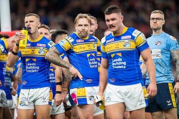 Ash Handley - left, with Blake Austin and James Bentley - reckons Rhinos will come back stronger next year. Picture by Allan McKenzie/SWpix.com.