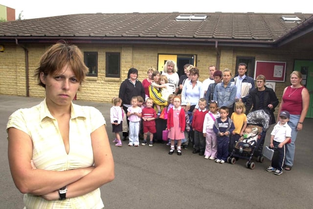 Nursery teacher Kirsty Grayson, at Seven Hills Primary along with a group of parents and their children who were complaining about a coach comapny who did not collect the group for a school trip in July 2003.