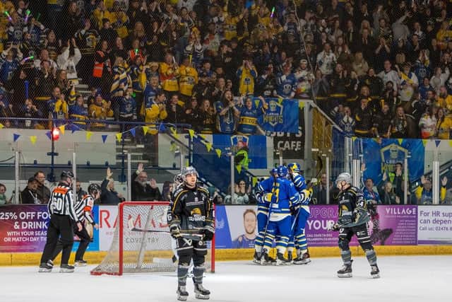 COMEBACK COMPLETE: Leeds Knights' players celebrate one of their late goals in front of their fans after staging a late comeback to beat Hull Seahawks 5-3 in the NIHL National Play-off Final in Coventry. Picture: Miles Tidman/Knights Media.
