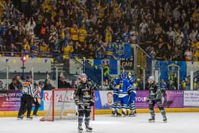 COMEBACK COMPLETE: Leeds Knights' players celebrate one of their late goals in front of their fans after staging a late comeback to beat Hull Seahawks 5-3 in the NIHL National Play-off Final in Coventry. Picture: Miles Tidman/Knights Media.