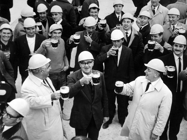 Drinking the traditional toast at the topping out of the new Yorkshire Evening Post building in 1970.  Pictured, front from left, are  Mr. J. J. G. Michie (managing director), John Laing (construction), Sir Kenneth Parkinson (chairman of Yorkshire Post Newspapers) and Mr. J. G. S. Linacre (managing director of Yorkshire Post Newspapers).