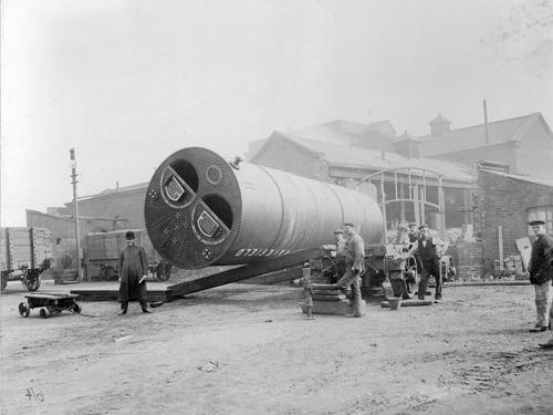 Knostrop sewage works during construction work to install a new boiler in April 1902. Several workmen and an official can be seen.