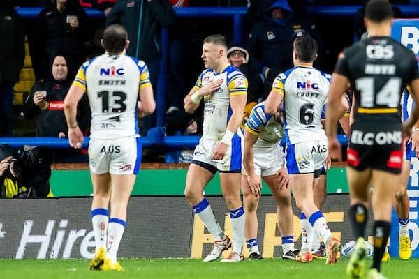 Harry Newman celebrates after scoring for Leeds Rhinos against St Helens. Picture by Allan McKenzie/SWpix.com.