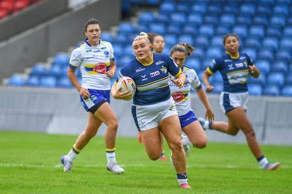Zoe Hornby on the attack for Rhinos against Warrington in last week's nines tournament. Picture by Olly Hassell/SWpix.com.