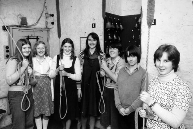 When it seemed the six bells of All Saint's Church at Bramham might be silenced for the want of ringers in october 1976, a team of village teenagers stepped in to learn the ropes. Now the bells are heard in full cry every Sunday thanks to a group of 12 youngsters aged between 12 and 18. The seven shown here are, from left, Syliva Mullen, Elizabeth Shaw, Sandra Mullen, Carol Sanderson, Jennifer Ware, Paul Sanderson and Alison Prendergast. Each week they were are taught the art of campanology by Raymond East, a member of the York Minster bellringing team.