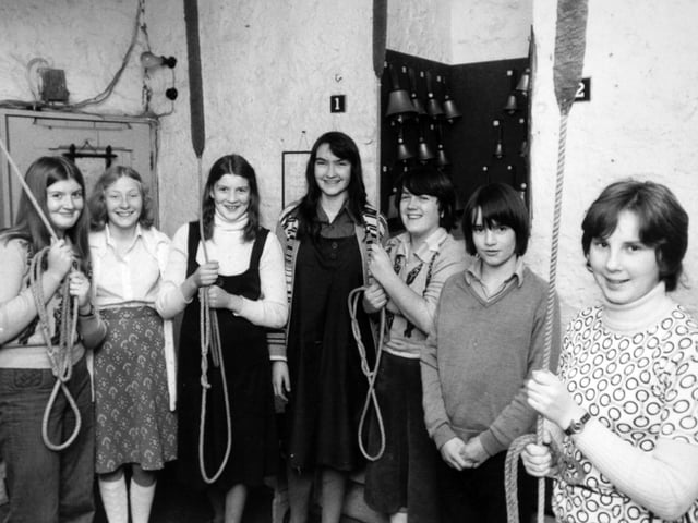 When it seemed the six bells of All Saint's Church at Bramham might be silenced for the want of ringers in october 1976, a team of village teenagers stepped in to learn the ropes. Now the bells are heard in full cry every Sunday thanks to a group of 12 youngsters aged between 12 and 18. The seven shown here are, from left, Syliva Mullen, Elizabeth Shaw, Sandra Mullen, Carol Sanderson, Jennifer Ware, Paul Sanderson and Alison Prendergast. Each week they were are taught the art of campanology by Raymond East, a member of the York Minster bellringing team.