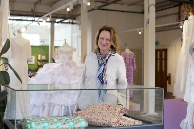 Threads Festival Director Dr Sarah Gaunt in the Gallery at Sunny Bank Mills.