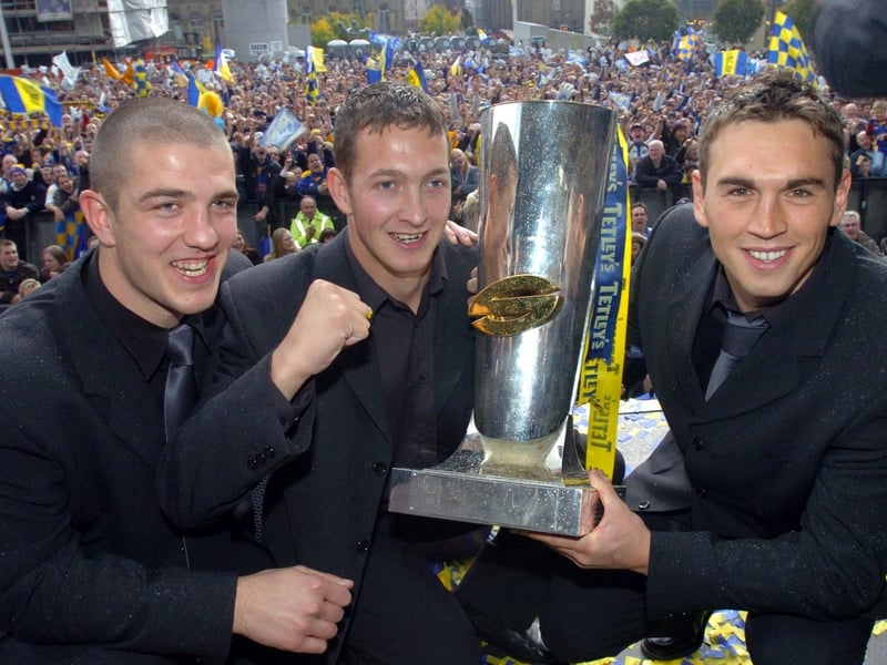 Man of the match Matt Diskin, winning try scorer Danny McGuire and captain Kevin Sinfield with the Super eague trophy at a civic reception in Millennium Stadium the day after the Grand Final.