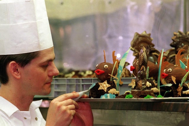Thierry Dumouchel puts the finishing touch to one of the Easter egg creations in March 1999 which he was selling from his popular Garforth patisserie.