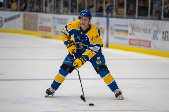 ON TARGET: Leeds Knights captain Kieran Brown scored early in both the first and third periods to help his team edged out Peterborough PHantoms 6-5 in overtime. Picture courtesy of Oliver Portamento.