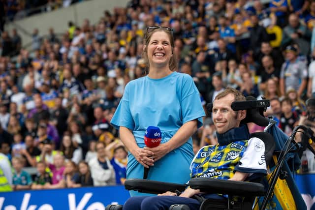 Rob Burrow and wife Lindsey at Rhinos' MND awareness game on Friday.  Picture by Bruce Rollinson.