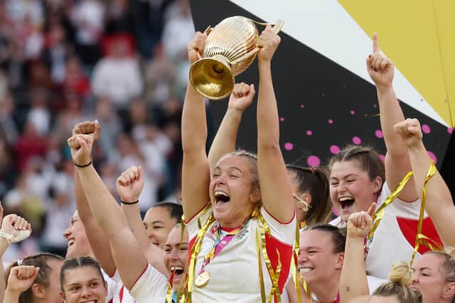 Scarborough's Zoe Aldcroft, the Red Roses skipper, lifts the Women's Rugby World Cup trophy following the Women's Rugby World Cup 2025 Final win for England against Canada at Allianz Stadium on September 27.