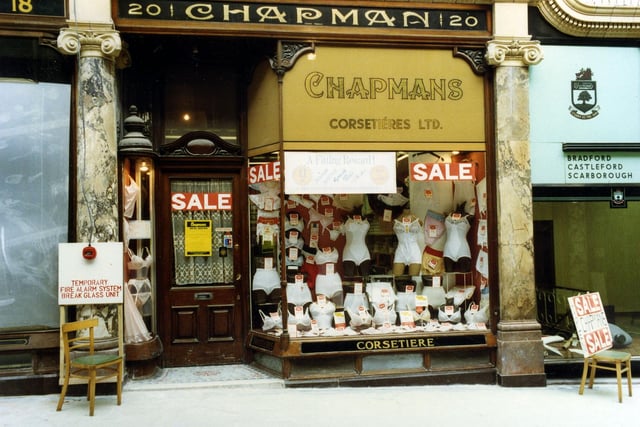Chapmans Corsetieres Ltd in County Arcade pictured in October 1989. When the Victoria Quarter scheme was underway at the time of the photograph this shop frontage was used as a guide in the resoration of many of the others. This included the decorative hand carving and the gilded Art Nouveau lettering.