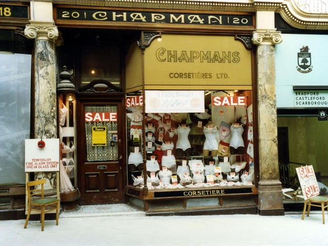 Chapmans Corsetieres Ltd in County Arcade pictured in October 1989. When the Victoria Quarter scheme was underway at the time of the photograph this shop frontage was used as a guide in the resoration of many of the others. This included the decorative hand carving and the gilded Art Nouveau lettering.