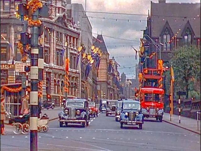 Looking north along Park Row from City Square, showing decorations in place to celebrate the coronation of Queen Elizabeth II.