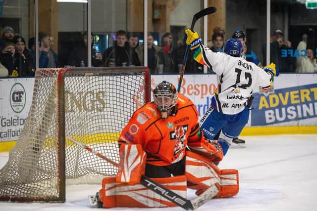 DON'T STOP ME NOW: Kieran Brown turns away to celebrate scoring Leeds Knights' second goal against Telford Tigers. Picture: Bruce Rollinson.