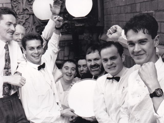 Directors and staff of Souz La Nex En Ville on Quebec Street in Leeds city centre had a lot to shout about in January 1992. The restaurant was voted Oliver's Restaurant of the Year 1991 and the commemorative silver salver was presented. Pictured with staff are directors, John Ritchie (left), Robert Chamberlain (centre) with the salver and chef Andrew John  Carter (right).