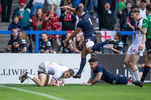 Ash Handley touches down during England's big win over France. Picture by Allan McKenzie/SWpix.com.