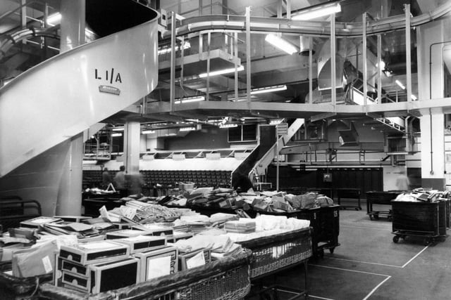 Packets awaiting sorting in the distribution area for towns across Yorkshire at Royal Mail House in February 1976.