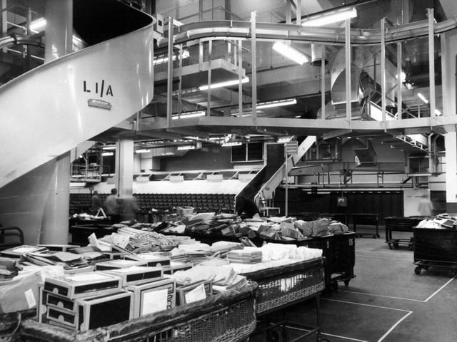 Packets awaiting sorting in the distribution area for towns across Yorkshire at Royal Mail House in February 1976.