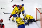 REMATCH: Leeds and Swindon players battle in front of the Knights yet in last week's first leg of their NIHL National Cup semi-final in Swindon. Picture: Lewis Moran/Wildcats Media.