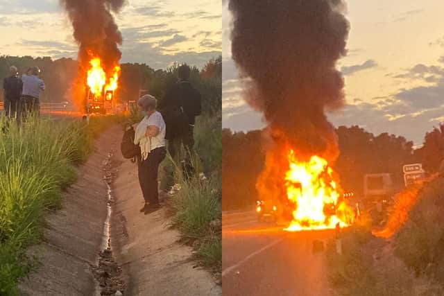 The driver ran back and started throwing cases out before a few minutes later the full vehicle was on fire.
