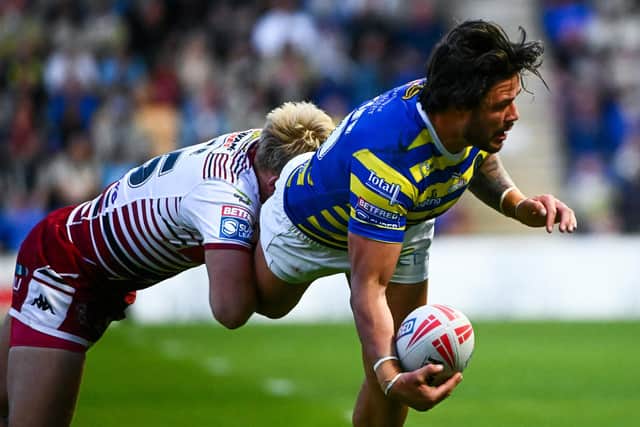 James Bentley in action for Warrington Wolves against Wigan Warriors this season. Picture by Olly Hassell/SWpix.com.