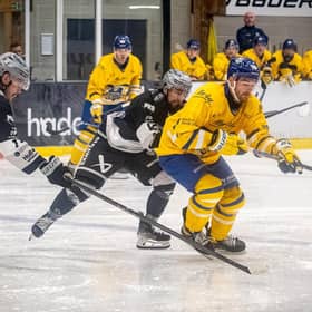 HOME START: Liam Peyton battles for puck possession against Hull Seahawks, against who he scored a hat-trick in last Sunday's 3-2 win for Leeds Knights at The Castle. Picture: Ben Gordon/Knights Media.