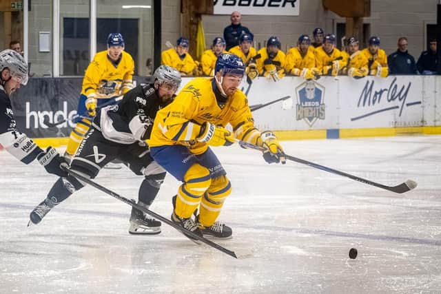 HOME START: Liam Peyton battles for puck possession against Hull Seahawks, against who he scored a hat-trick in last Sunday's 3-2 win for Leeds Knights at The Castle. Picture: Ben Gordon/Knights Media.