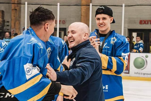 GOOD TIMES: Ryan Aldridge celebrates Leeds Knights' third league title success in as many years - his team have the chance to secure another treble for the season in the play-offs, having already won league and cup. Picture: Rob Halls/Knights Media.