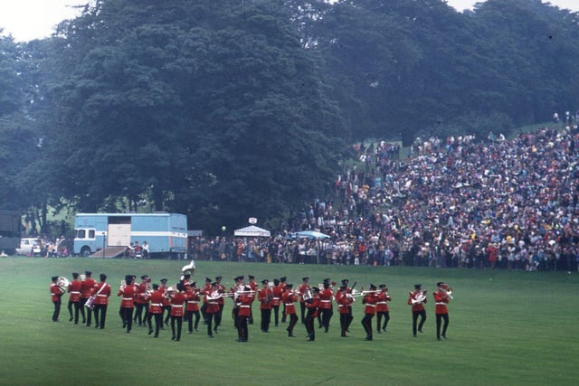 A military band performing at Roundhay Gala in 1973, held at Roundhay Park.