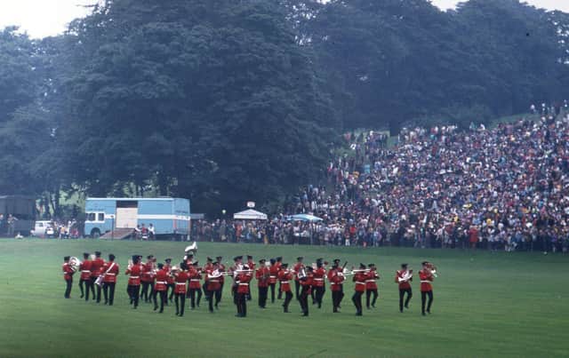 A military band performing at Roundhay Gala in 1973, held at Roundhay Park.