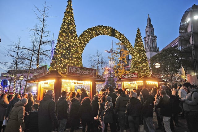 The Leeds Christmas Market returned after a four-year absence. Pictured are crowds gathering in Millenium Square, where an ice rink, rides and stalls were hosted.